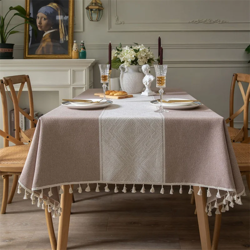 

Brown Tablecloth Rectangular with Tassel Rhombus Design Jacquard Linen Table Cover for Dining Party Dustproof Mantel Mesa