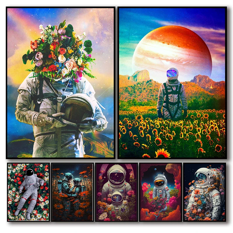 

Neon Punk Universe Space Flower Astronaut Art Poster Aesthetic Set Psychedelic Sports Canvas Print Wall Art Kawaii Room Decor