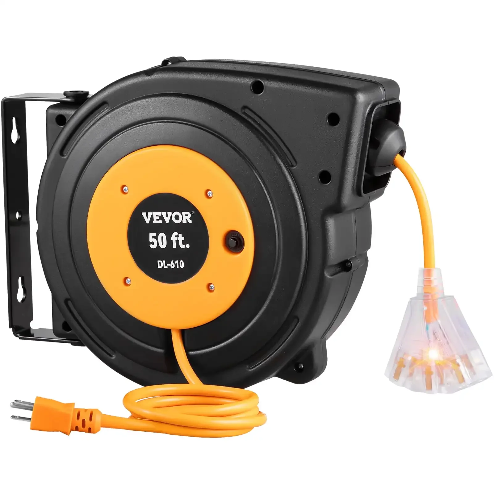 

VEVOR Retractable Extension Cord Reel, 50 ft, Heavy Duty 14AWG/3C SJTOW Power Cord, with Lighted Triple Tap Outlet | USA | NEW