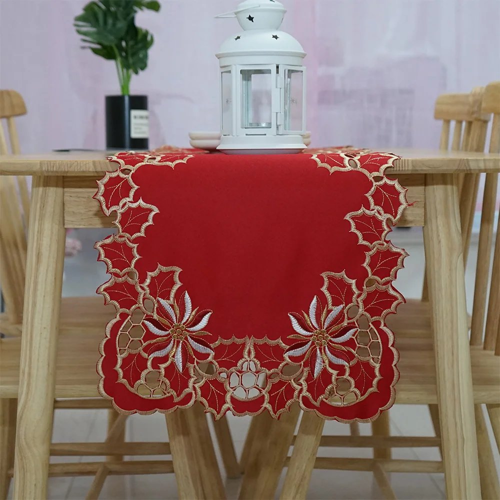 

Home Decorative Hollow-Out Design Rose Gold Line Embriodered Red Color Table Runner For Wedding Party Christmas Dining Room