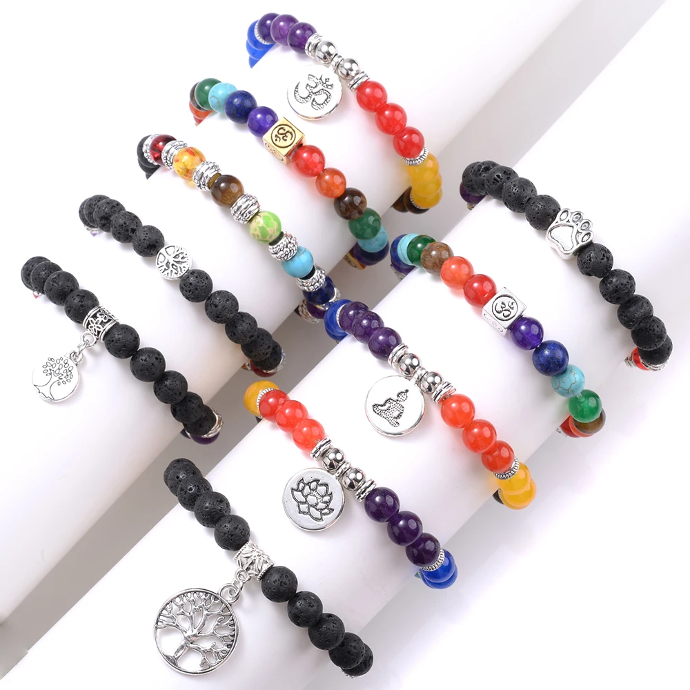 Модные браслеты с шармами Древо жизни плетеные вручную из лавового камня