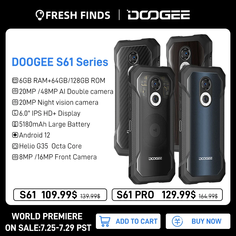 [World Premiere] DOOGEE S61 Series Rugged Phone 6.0 Android 12 Multiple Back Case Design 20MP Night Vision Camera 5180mAh Phone