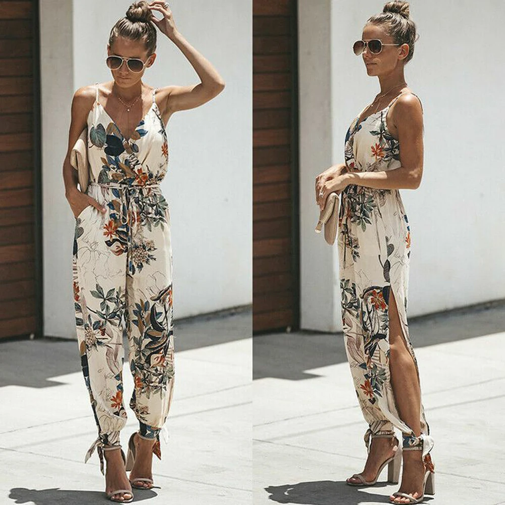 

Summer Bohemian Playsuits Womens Wide Leg Floral Print Jumpsuits Holiday Beach Casual Sleeveless Romper Overalls for Women