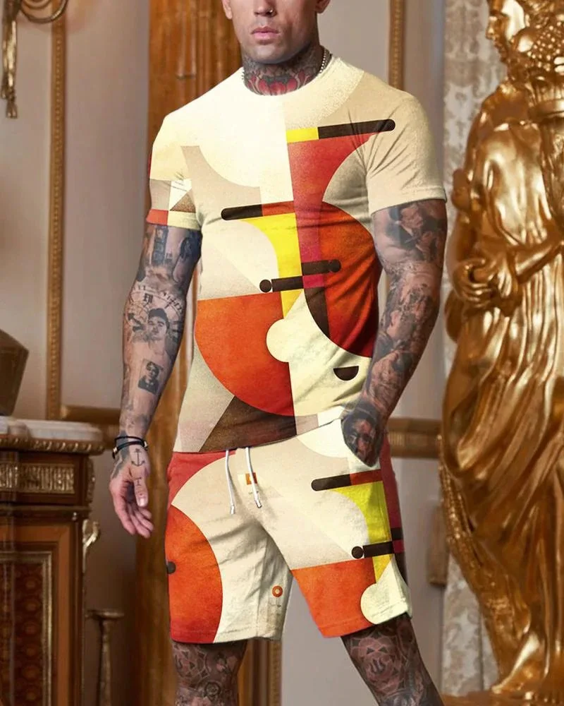 Summer Men Set Fashion Outfit Geometric Pattern Dot Casual Oversized Sportswear 3D Printed Harajuku T-Shirt Shorts 2 Piece Suit