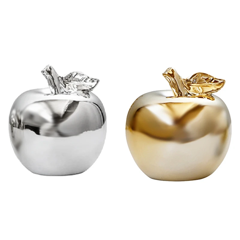 

2x Ceramic Apple Figurines Christmas Fruit Decoration Apple Model Ornaments Figurines Props Silver & Golden