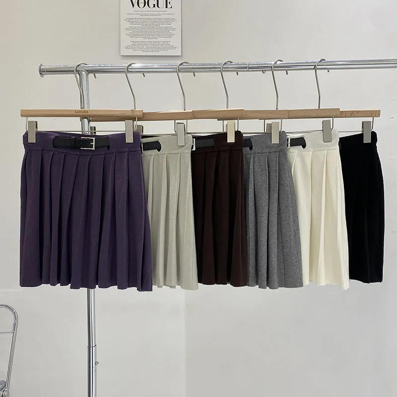 

Korean Fashion Autumn Knitted Mini Skirts for Women High Waist A-line Female Pleated Skirt Elegant Ladies Belted Skirts Dropship