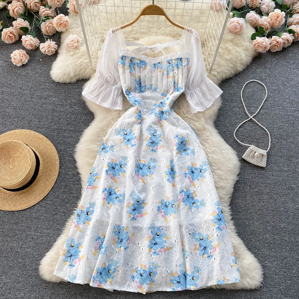 

Женское Сетчатое платье-трапеция, элегантное винтажное платье с квадратным вырезом и коротким рукавом, модель E776 в Корейском стиле на лето