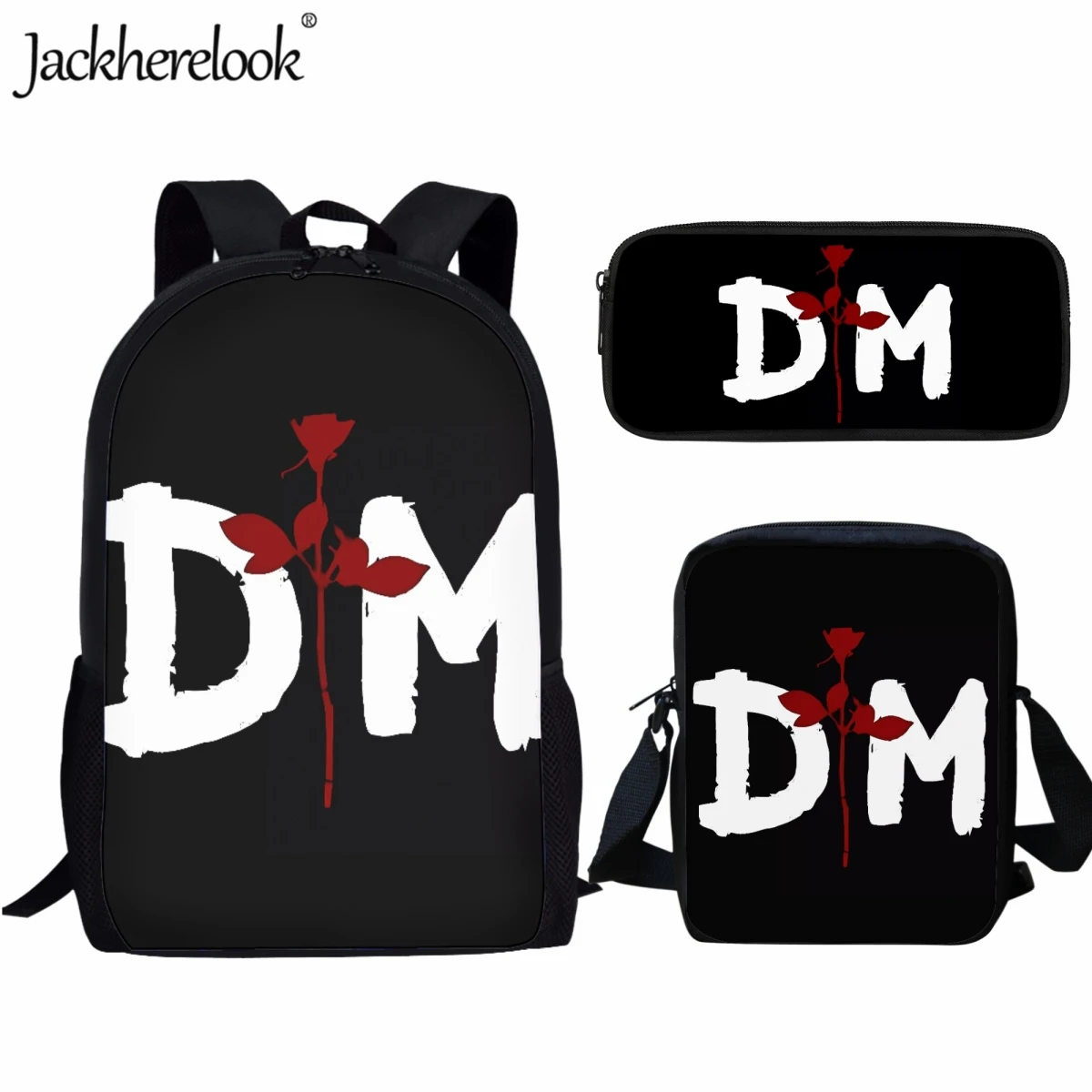 Jackherelook Large Capacity Teen Schoolbag Crossbody Bag Pencil Case 3pcs/Set Travel Backpacks Trendy Depeches Band Mode Bookbag