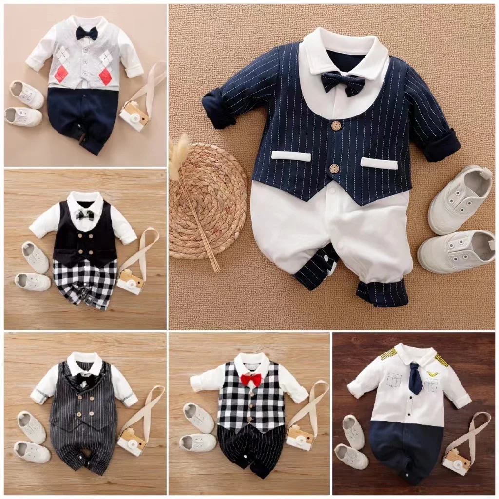 

Cotton Newborn Baby Long Sleeve Romper Jumpsuits Outfits Boy Toddler Handsome Gentleman Suit Clothes 0-12M