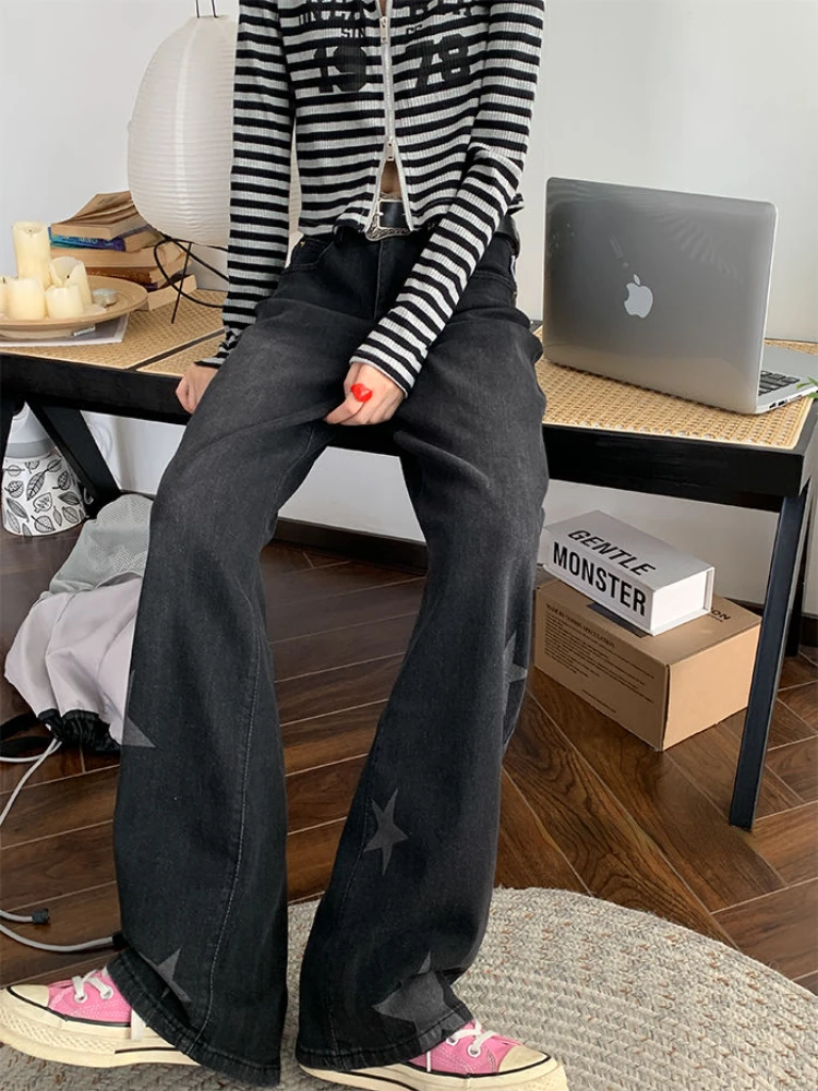 HOUZHOU Black Straight Jeans Women Baggy Star Girl Y2k Harajuku Korean Streetwear Vintage High Waist Denim Pants Acubi Fashion