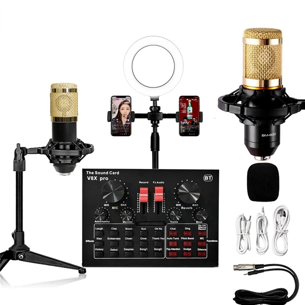 

Микрофон BM800, звуковая карта для ПК, игр, живых трансляций, DJ аудио, USB Микшер, конденсаторный BT USB, запись, профессиональный телефон V8 9