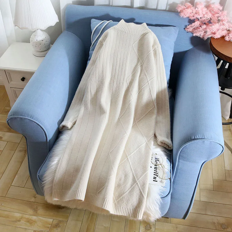 

Длинный вязаный женский свитер и пуловеры, однотонные, тонкие, до колена, женские элегантные однотонные платья, модная верхняя одежда, пальт...