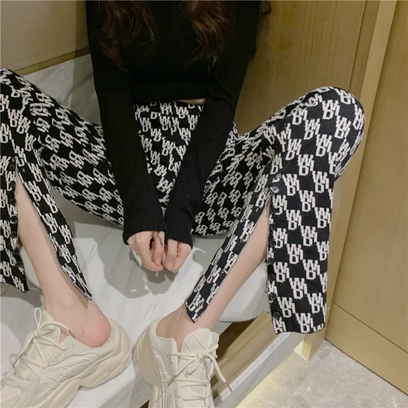 

2021 Fall Y2k Trouser Early Spring New Korean High Waist Pants Black White Letters Loose Casual Split Straight Wide Leg Pants