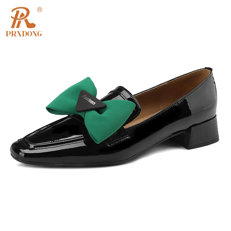 

PRXDONG New Genuine Leather Spring Summer Med Square Heels Black Apricot Sweet Butterfly-knot Dress Casual Female Shoes Pumps 40