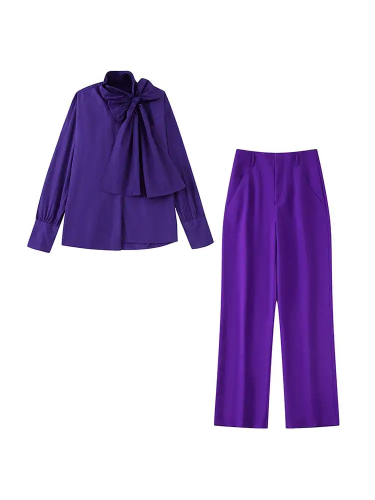 

Женский брючный костюм из 2 предметов, повседневный однотонный комплект из блузки с длинным рукавом и прямых брюк с асимметричным поясом и б...