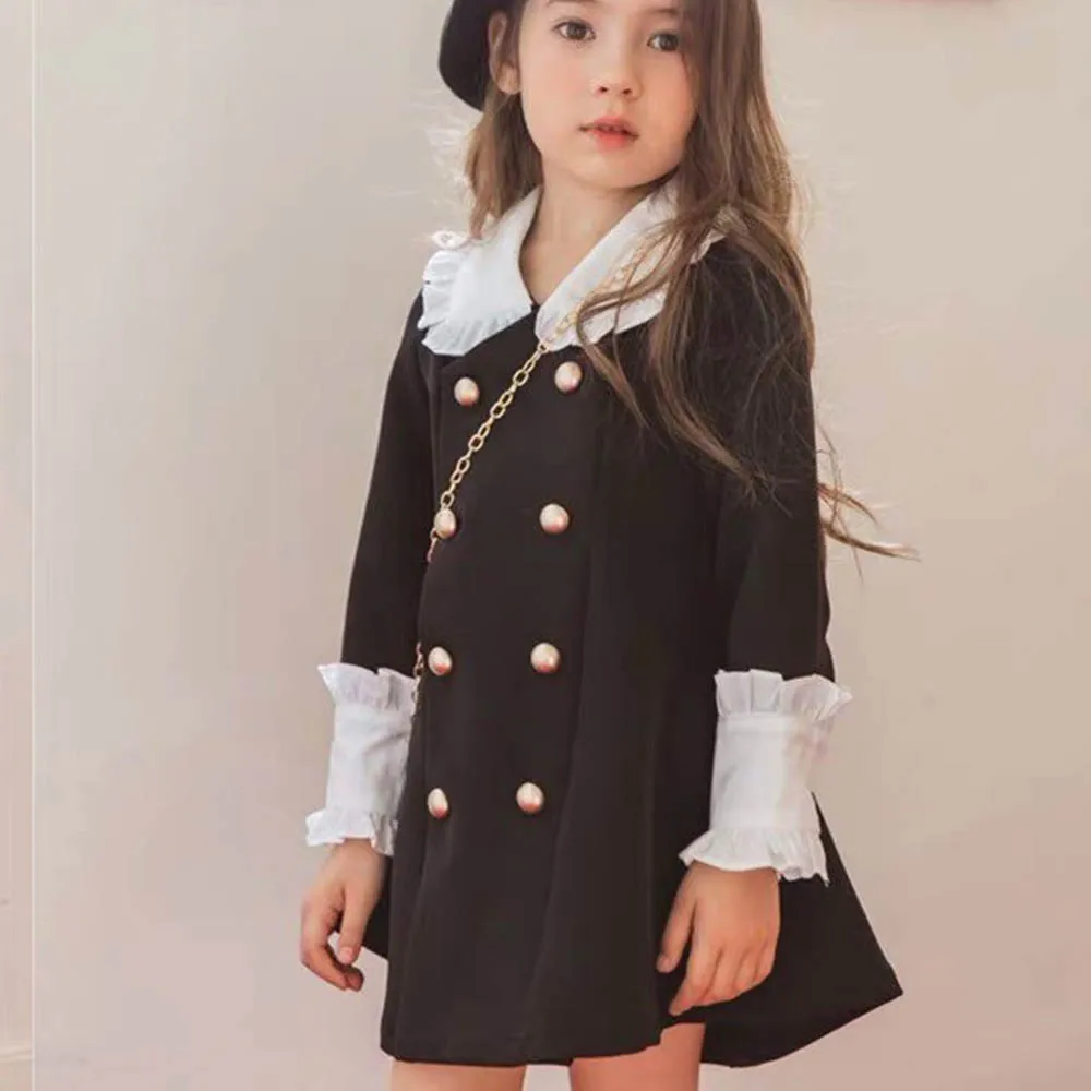 

Girl Dress Outfits Spring and Autumn Children British Style Party Girl Dresses Lapel Lace Sleeve Fashion Princess Dress Vestido