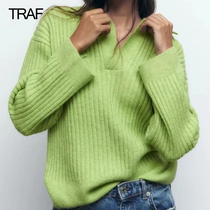 

TRAF Y2k Green Knitted Women's Sweater V Neck Jumper For Women 2022 Autumn Female Oversized Streetwear Women's Knitted Pullover