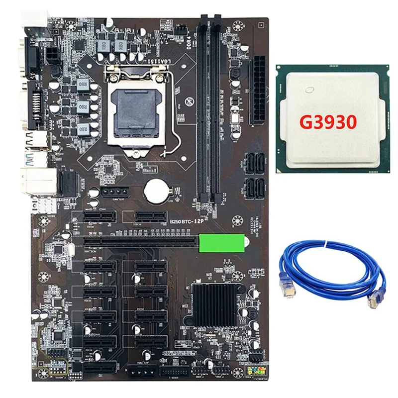 

Материнская плата B250C для майнинга BTC, LGA 1151 SATA 3,0 USB 3,0 с сетевым кабелем RJ45 + процессор G3930 для майнинга биткоинов, видеокарт