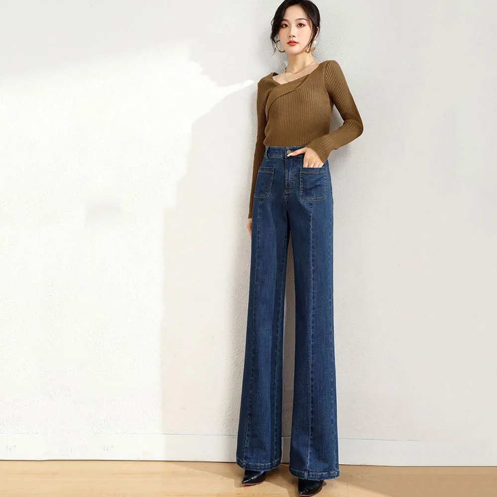 

High-waist Straight Women's Jeans Fashion 2022 Autumn Winter New Denim Trousers Women Casual Stretch Wide-leg Cowboy Flare Pants