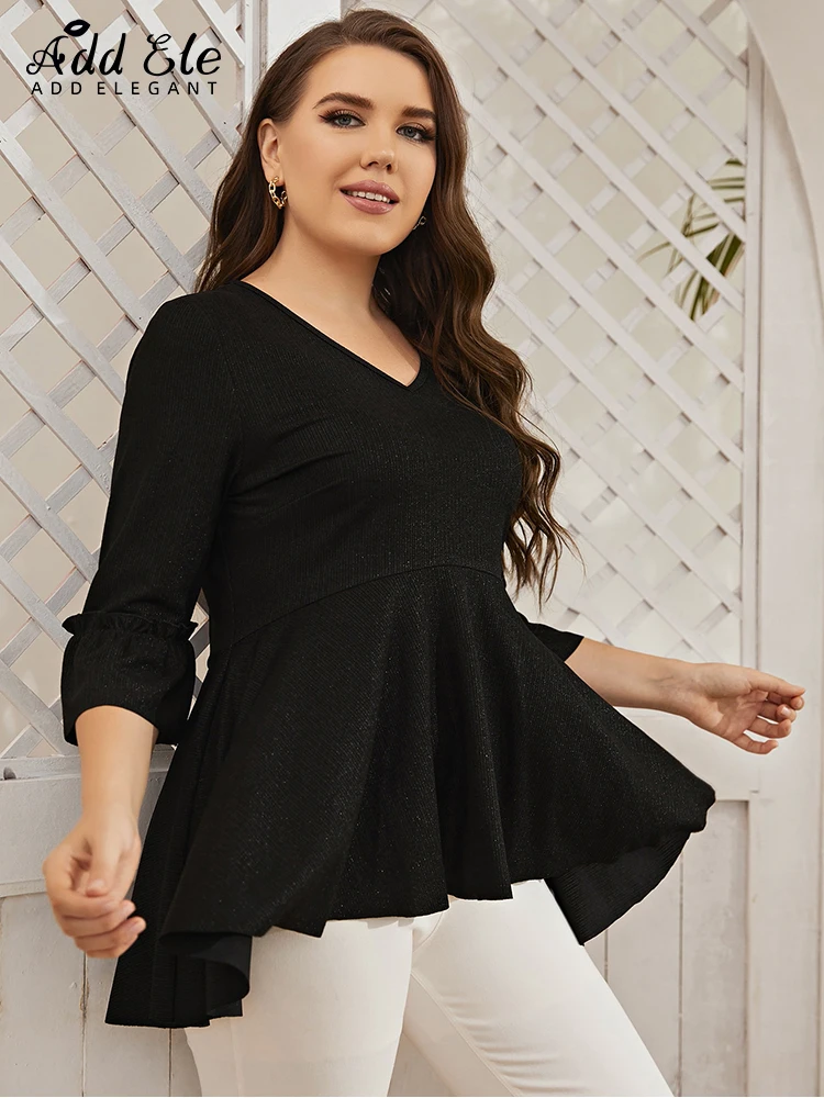 Add Elegant Plus Size Blouses For Women 2022 Autumn V-Neck Elastic Half Sleeve Casual Pleated Design Solid Stylish Tops B576