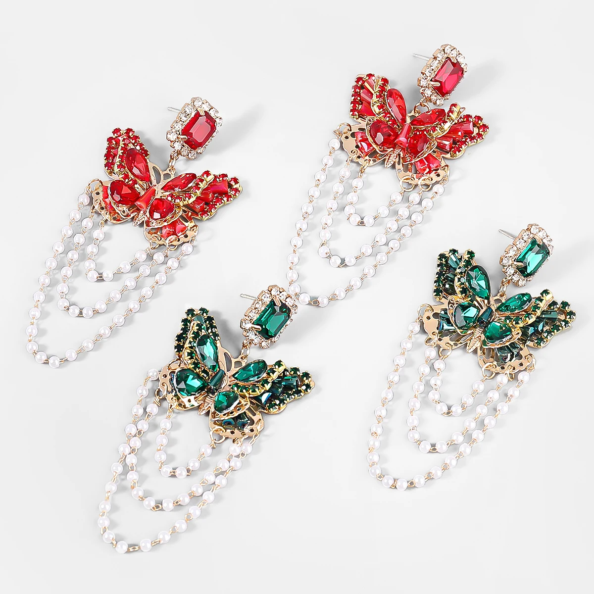 

Fashion Metal Imitation Pearl Butterfly Rhinestone Earrings Women's Popular Exaggerated Dangle Earrings Party Accessories