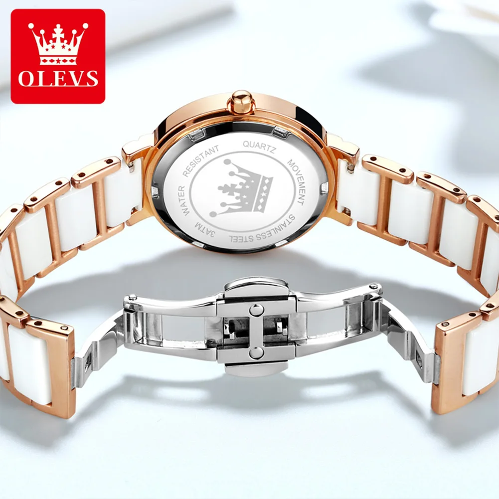 OLEVS Waterproof Women Quartz Wristwatches High Quality 2023 Japanese Movement White Ceramics Strap Fashion Watch for Women 5877
