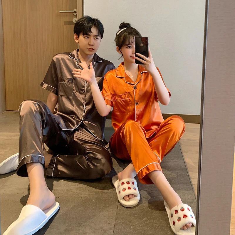 CAIYIER Spring Summer Couple Pajamas Set Cardigan Short Sleeve Trousers Sleepwear Women & Men Nightwear Solid Color Loungewear