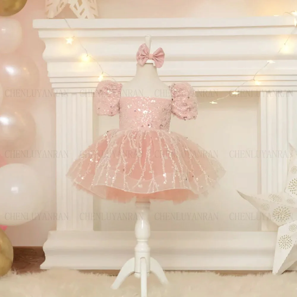 

Pink Flower Girl Dress Luxury Short Princess Dress Sequin First Communion Dresses Glitter Girl Dress Child Birthday Gown