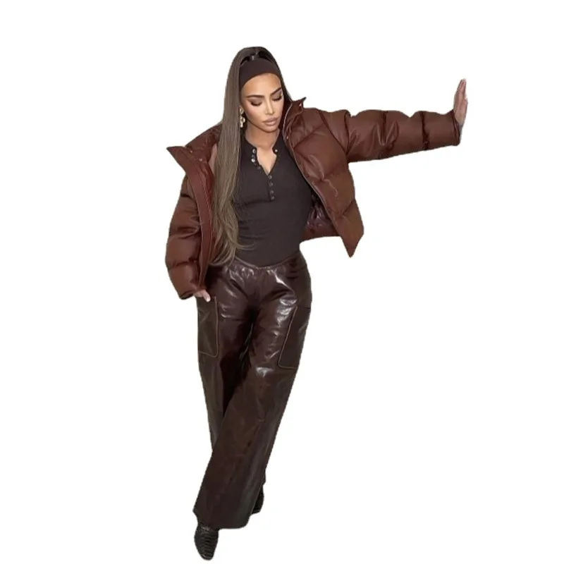 Women's PU Leather Coat Zipper Stand Collar Short Coat Cotton Jacket Bubble Jacket 2021 Autumn and Winter Thicken Cotton Jacket