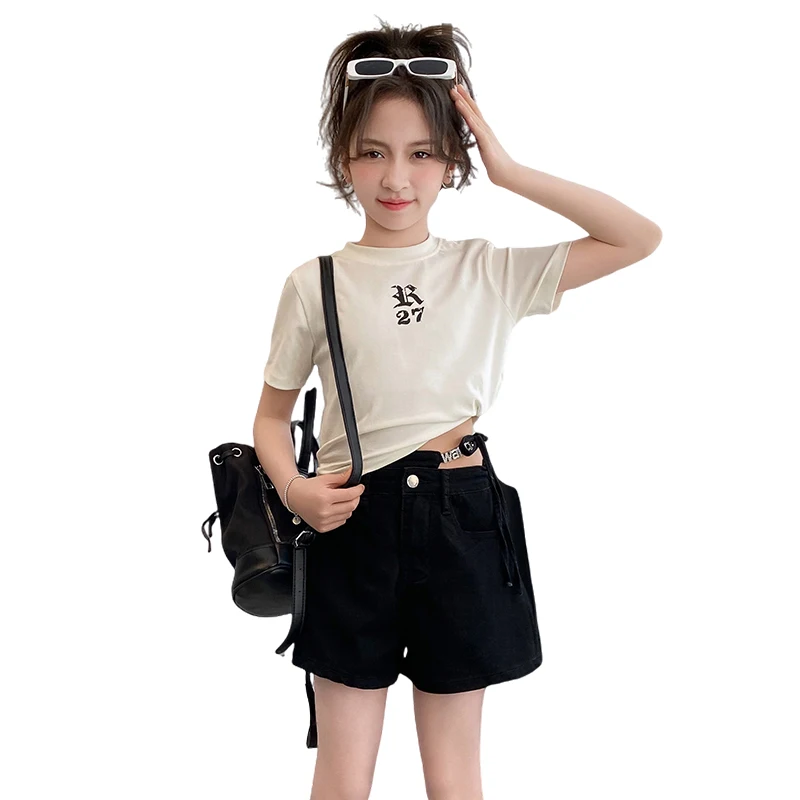 Новинка детский летний комплект для девочек Повседневная футболка с буквенным