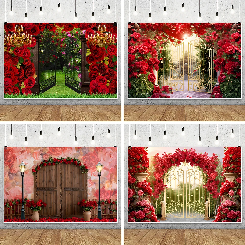 Фон для фотосъемки с изображением весеннего сада красной розы цветов настенный
