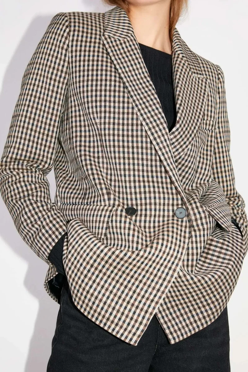 

Simple Mid Length Double Breasted Casual Office Blazers British Style Retro Plaid Blazer Suit 2023 Women Lady Work Commute Suit