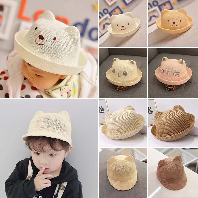With Ears Summer Straw Hat Mesh Baby Girl Boy Hat Kids Snapb