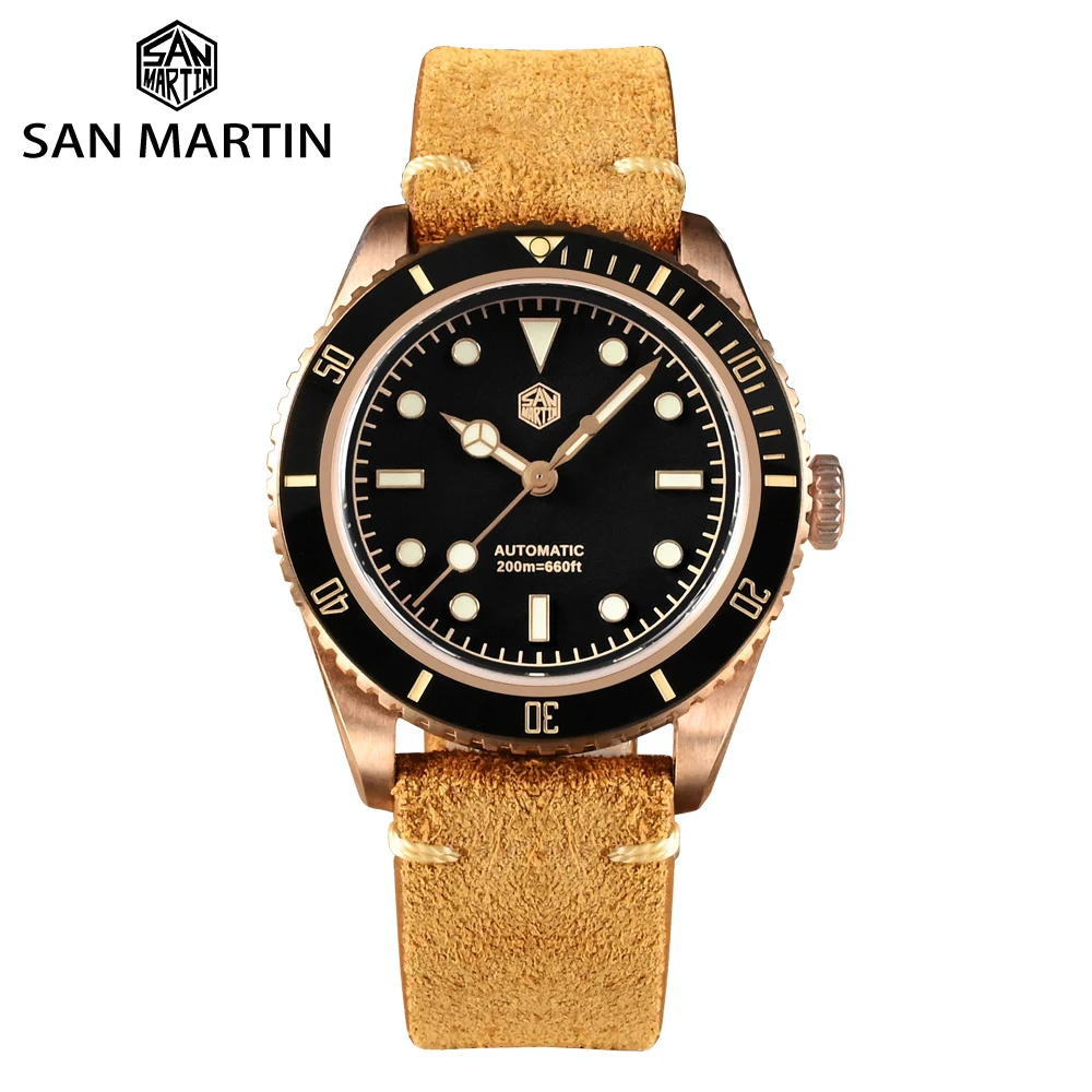 Мужские Роскошные часы San Martin 38 мм винтажные 6200 CuSn8 бронзовые для ныряния PT5000 SW200