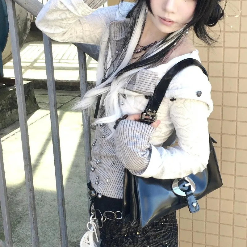 Deeptown Y2k Harajuku готический женский вязаный кардиган с капюшоном на молнии в стиле