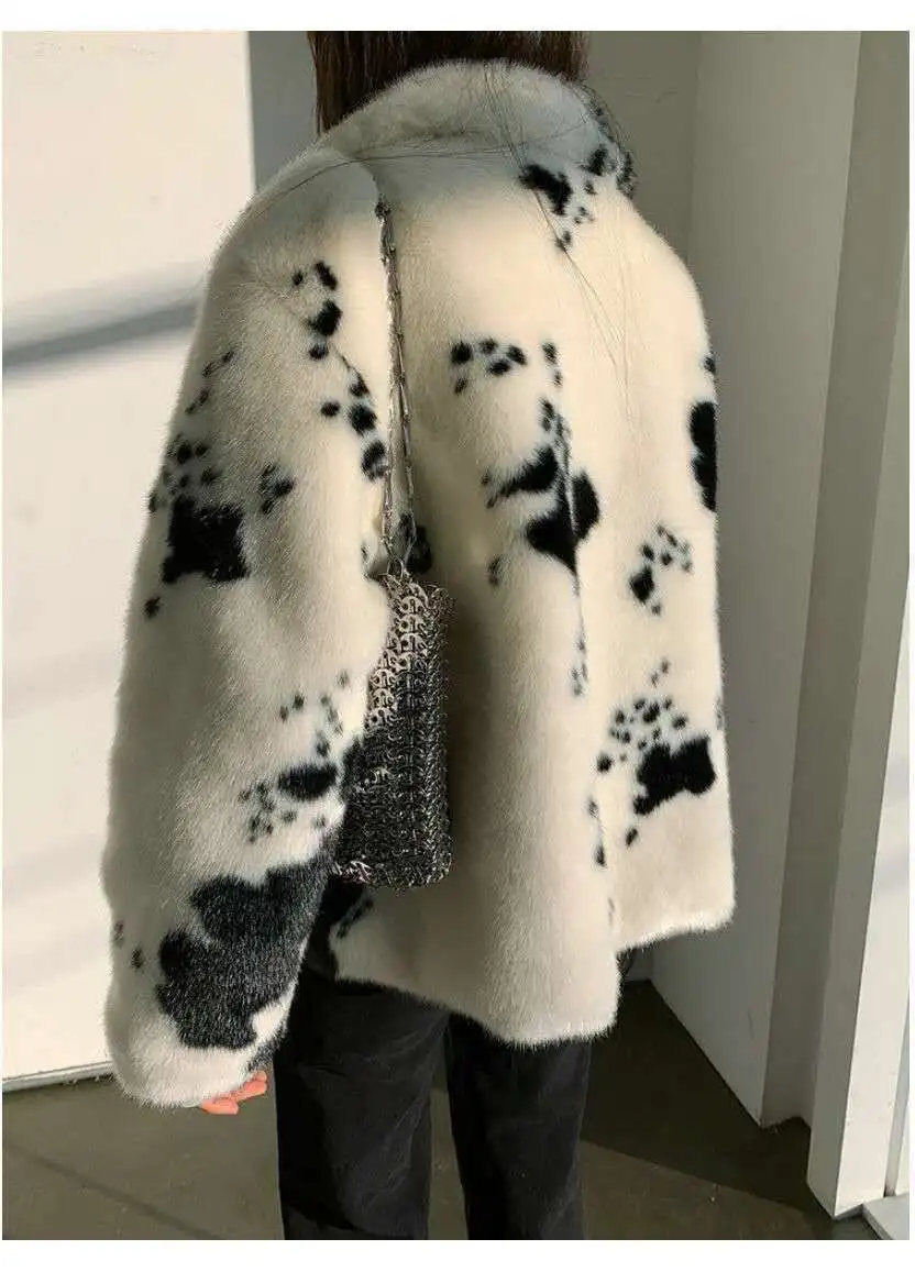 2022 Winter Thick Women Faux Fur Black White Cow Print Women Jacket Warm Fashion Korean Button Up Female Clothes New