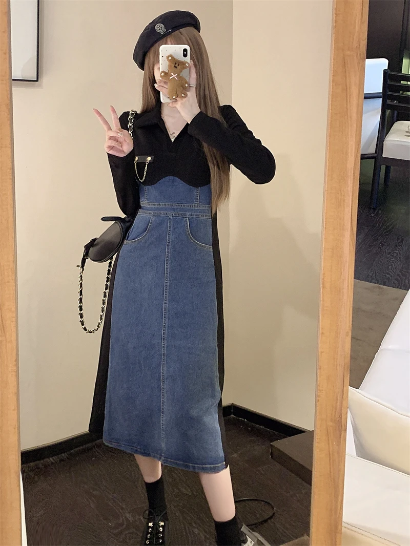 Женское джинсовое платье с длинным рукавом дизайнерское в стиле пэчворк