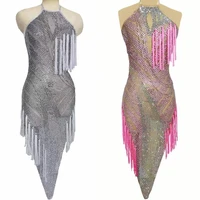 silver tassel halter dress women 2 colors crystal rhinestone party prom latin dance outfit stage nightclub show costume