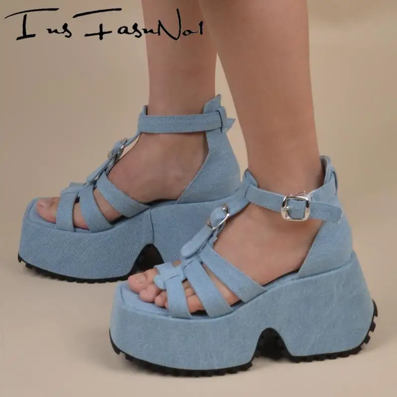 Женские джинсовые сандалии INSFASNNOI на высокой платформе