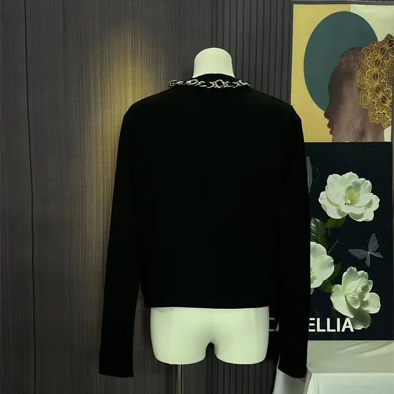 luksusowy metalowy łańcuszek kaszmirowy sweter damski z długim rękawem Vintage guziki dzianinowy wełniany płaszcz elegancki top biurowy J809
