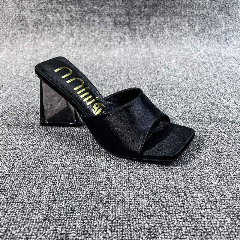 Xibeilove 2022 New Silk Green Women's Strange Style Transparent High Heels Slippers Square Toe Female Sandals