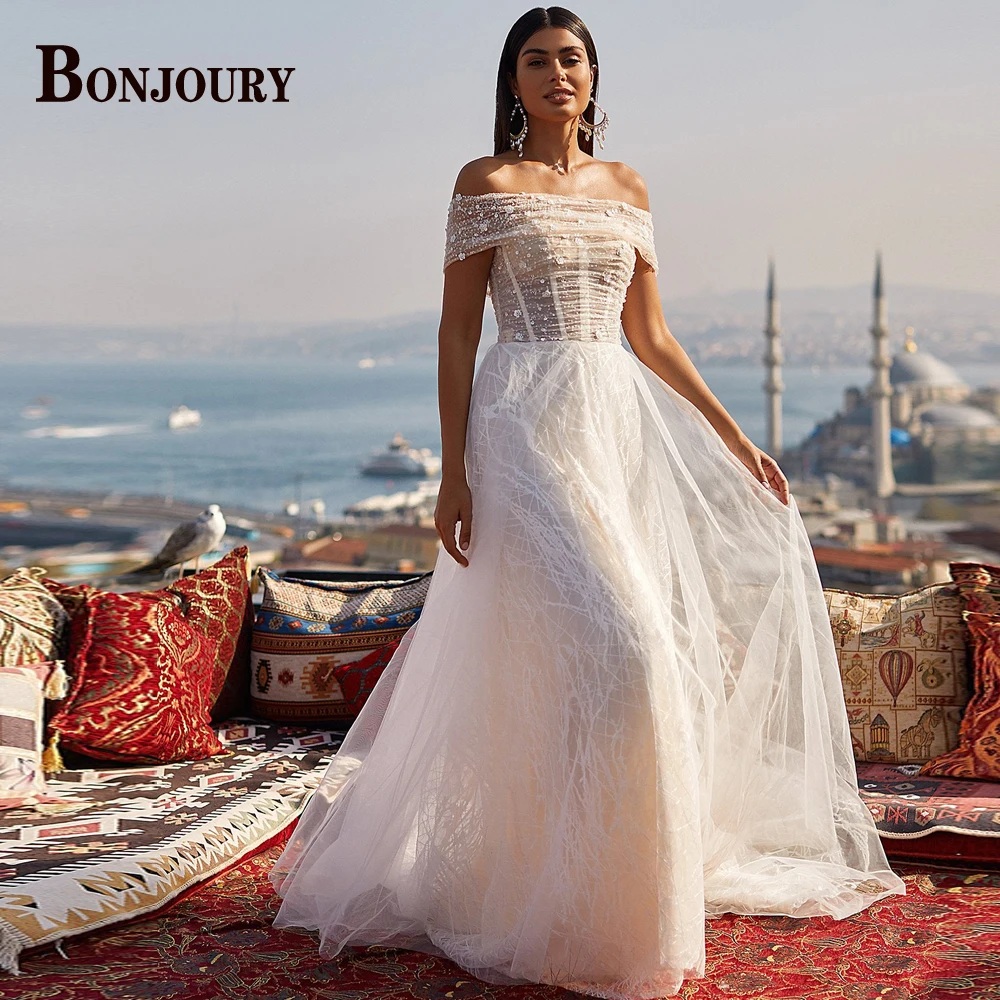 

BONJOURY Boat Neck Elegant Wedding Dresses For Women 2022 Bride Lace Appliques Princess Gowns Customized Vestido De Casamento