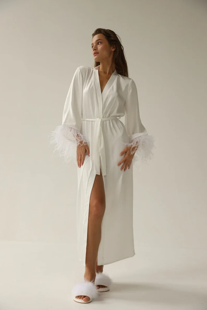 Bride Robe with Feather Sleeves White Boudoir Long Silk Robe Bridal Lace Dressing Gown Sheer Satin Robe Bridesmaid Gift
