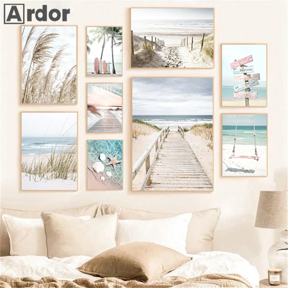 

Sea Ocean Beach Wall Canvas Painting Reed Poster Bridge Starfish Shell Swing Art Print Pictures Nordic Wall Posters Home Decor