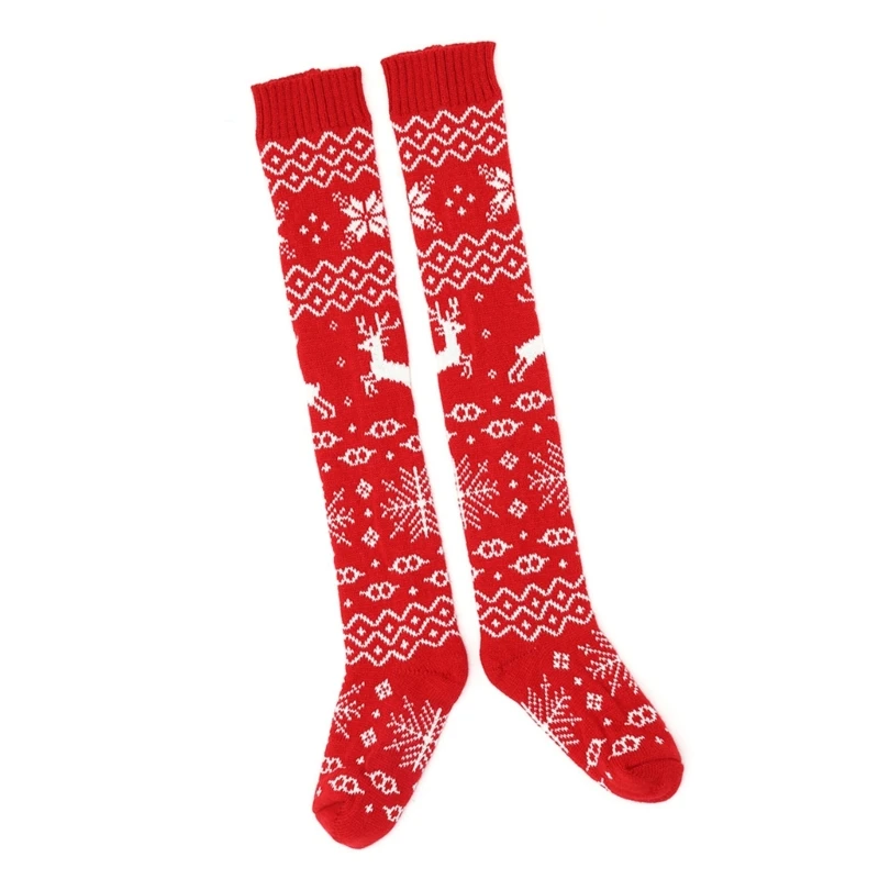 E15E рождественские высокие носки до бедра для женщин вязаные гольфы с оленями и