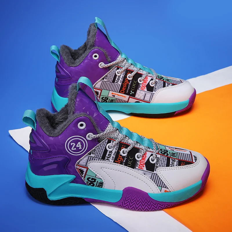 2022 Winter Plush New Children's Basketball Shoes Fashionable Comfortable Breathable Boys and Girls' Casual Sports Shoes