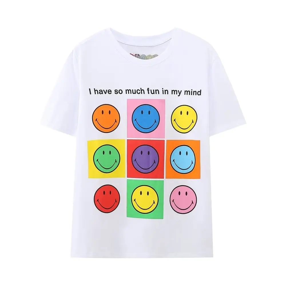

2023 Summer Short Sleeve T Shirts Women Smiling face printing O Neck Cotton Top Tee Female Casual Loose T Shirt