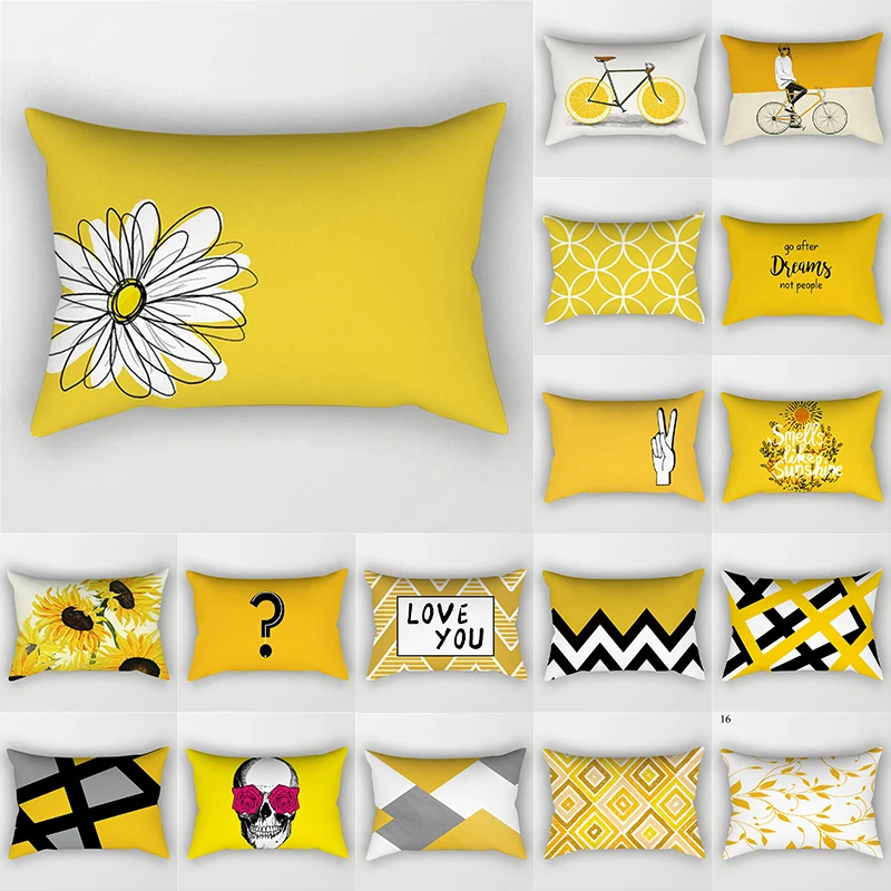 

30x50cm Creative Yellow Black Daisy Flower Pillowcase Patchwork Geometric Short Plush Cushion Cover Leaves Waist Home Decor