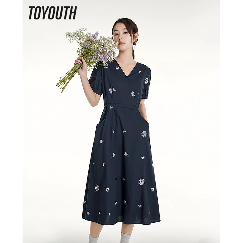 Toyouth Women Dress 2023 Summer Short Sleeve V Neck A-shape Lace Up Waist Flower Embroidery Pure Cotton Elegant Chic Skirt