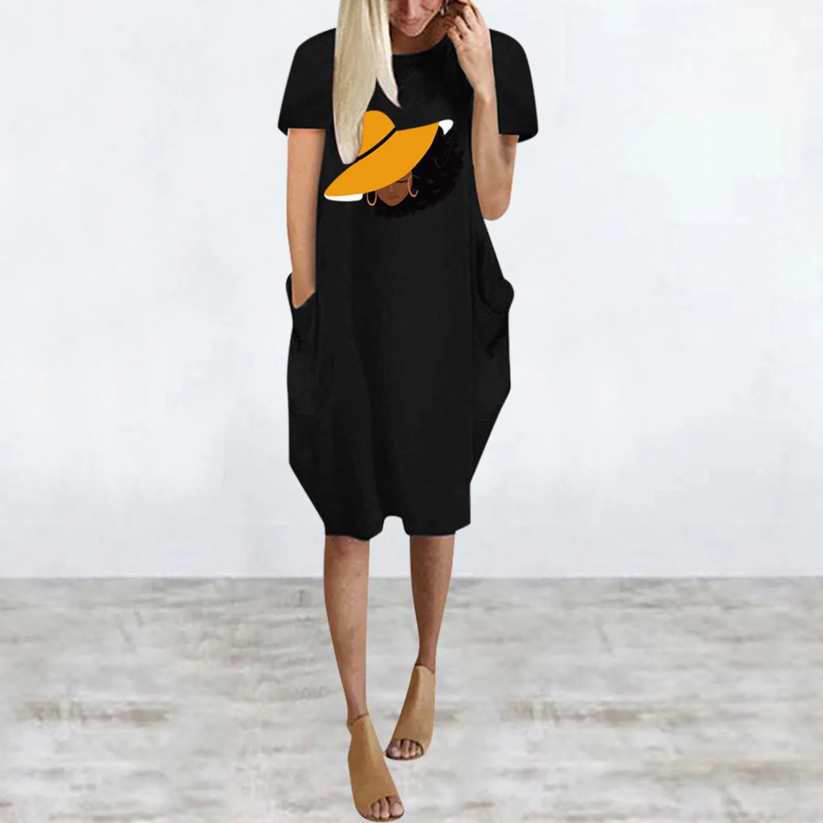 

Платье-футболка женское средней длины с коротким рукавом и карманами